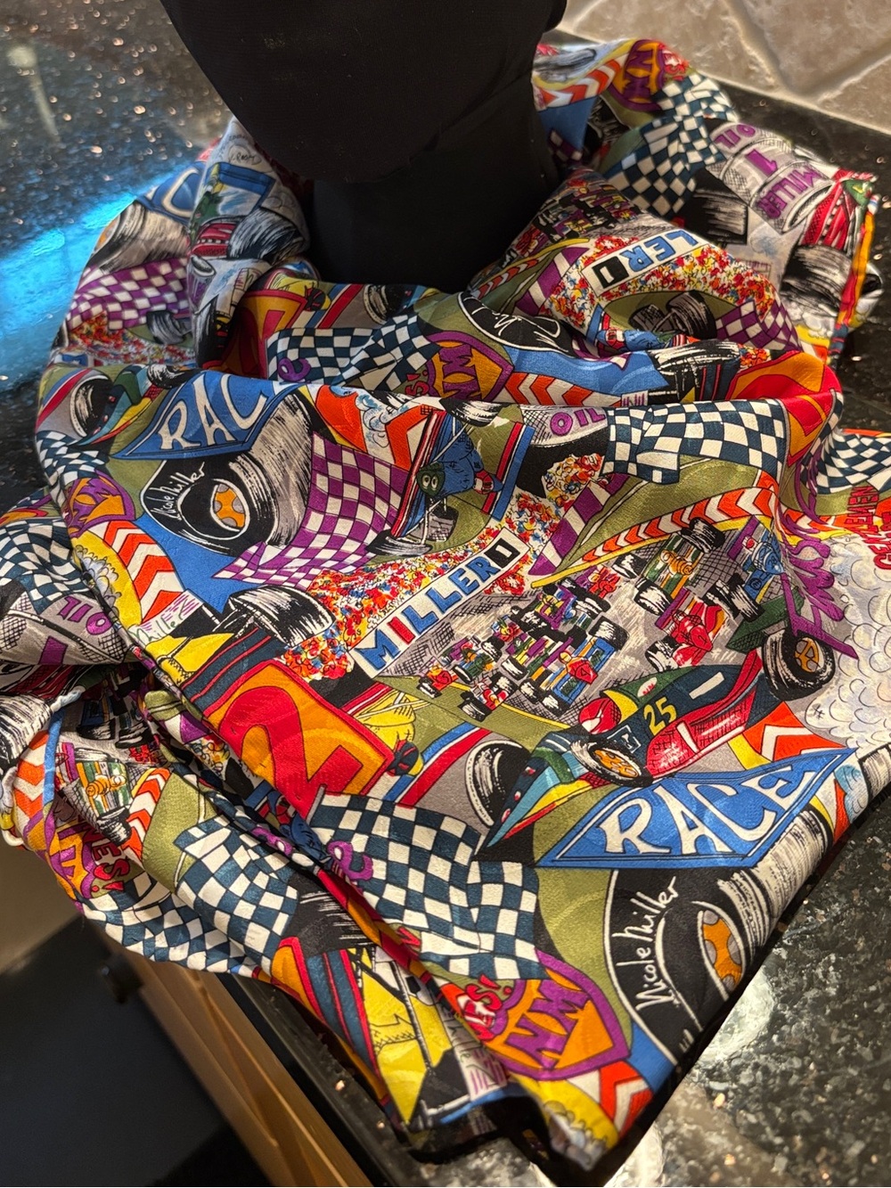Vintage 1992 Nicole Miller Silk Jacquard Scarf - Race Day Finish Line - RARE
